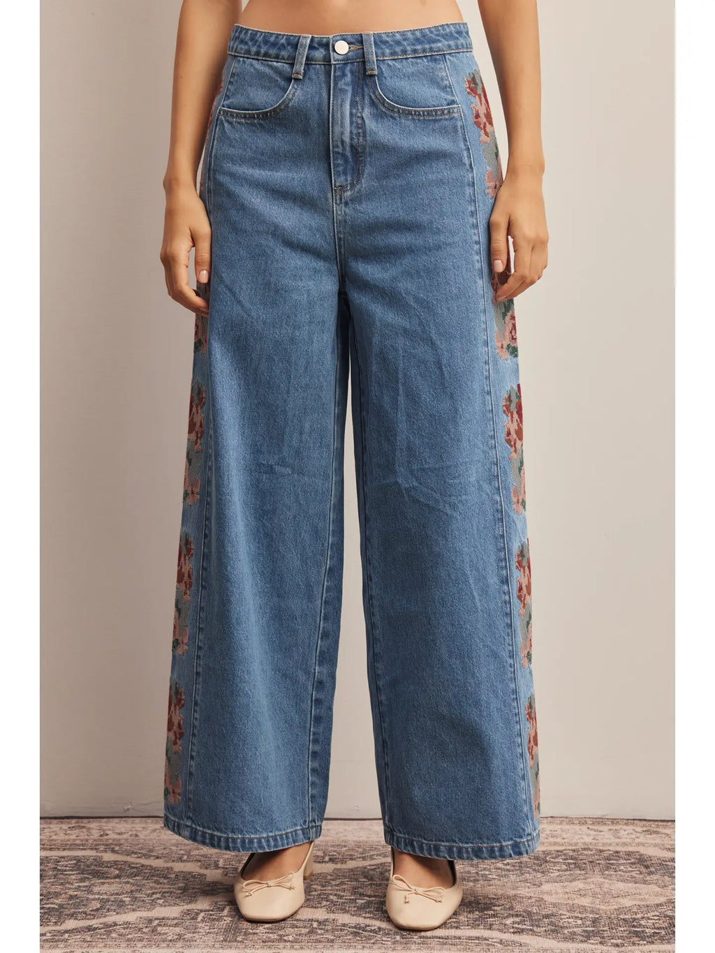 Floral Embroidered Wide Leg Jeans