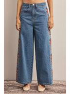 Floral Embroidered Wide Leg Jeans