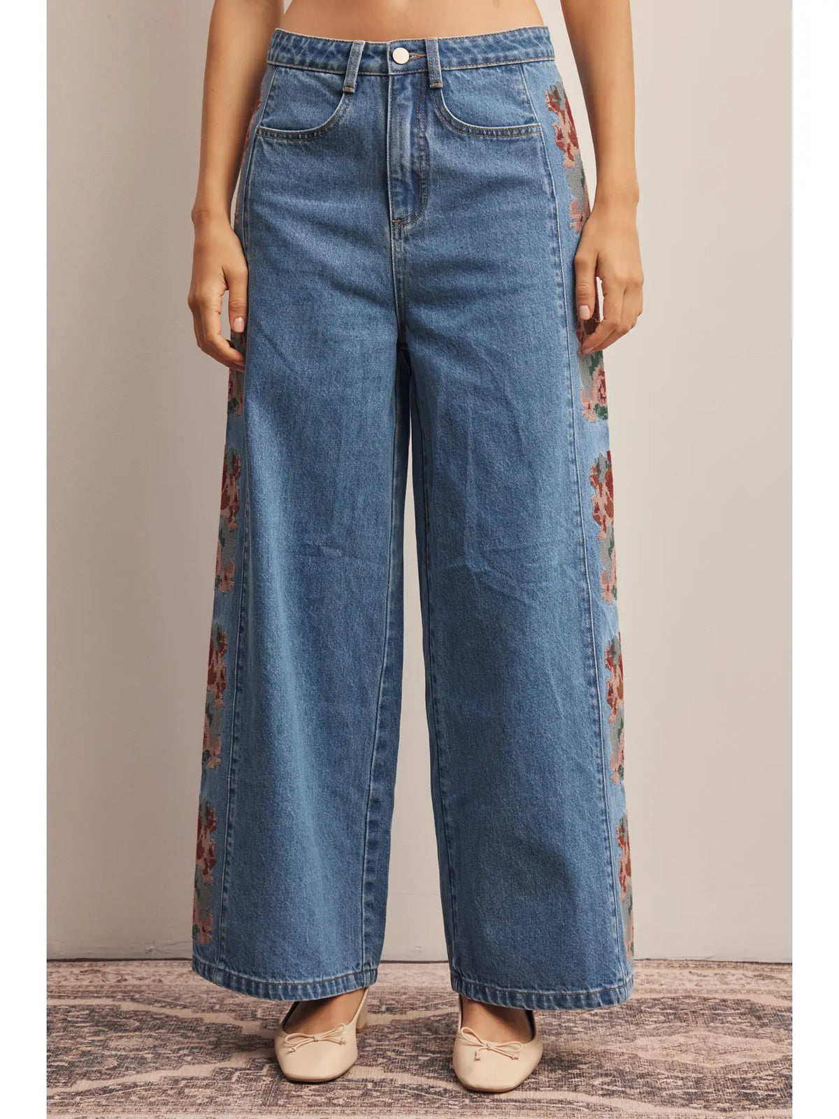 Floral Embroidered Wide Leg Jeans
