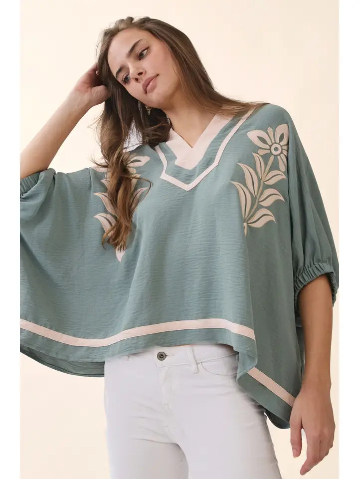Contrast Floral Embroidered Top