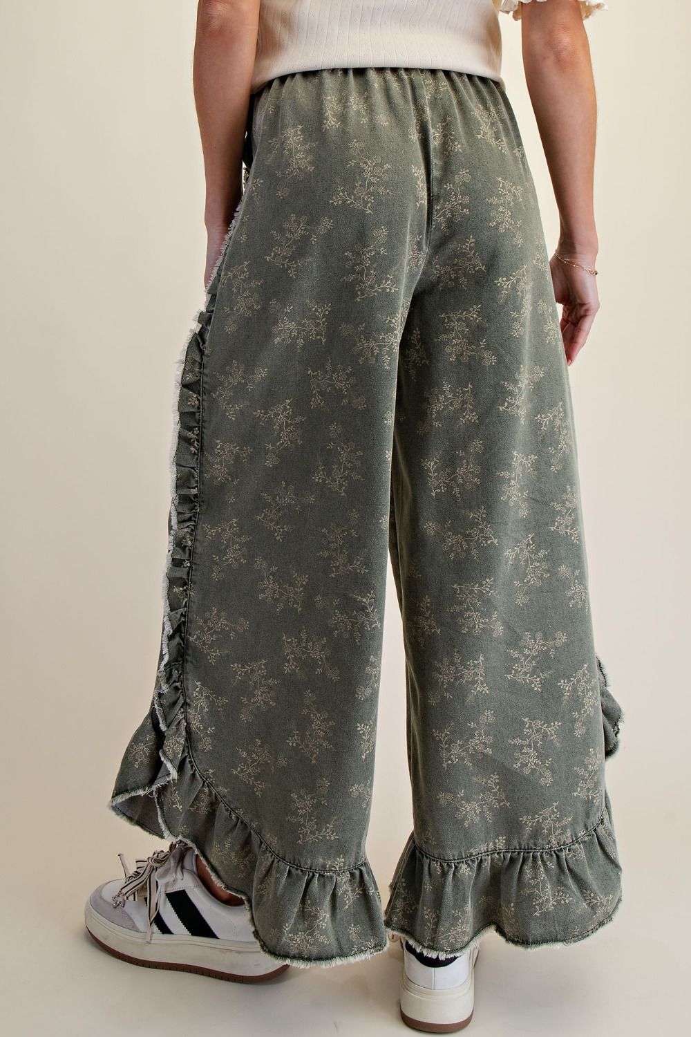 Floral Print Washed Denim Palazzo Pants