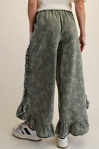 Floral Print Washed Denim Palazzo Pants