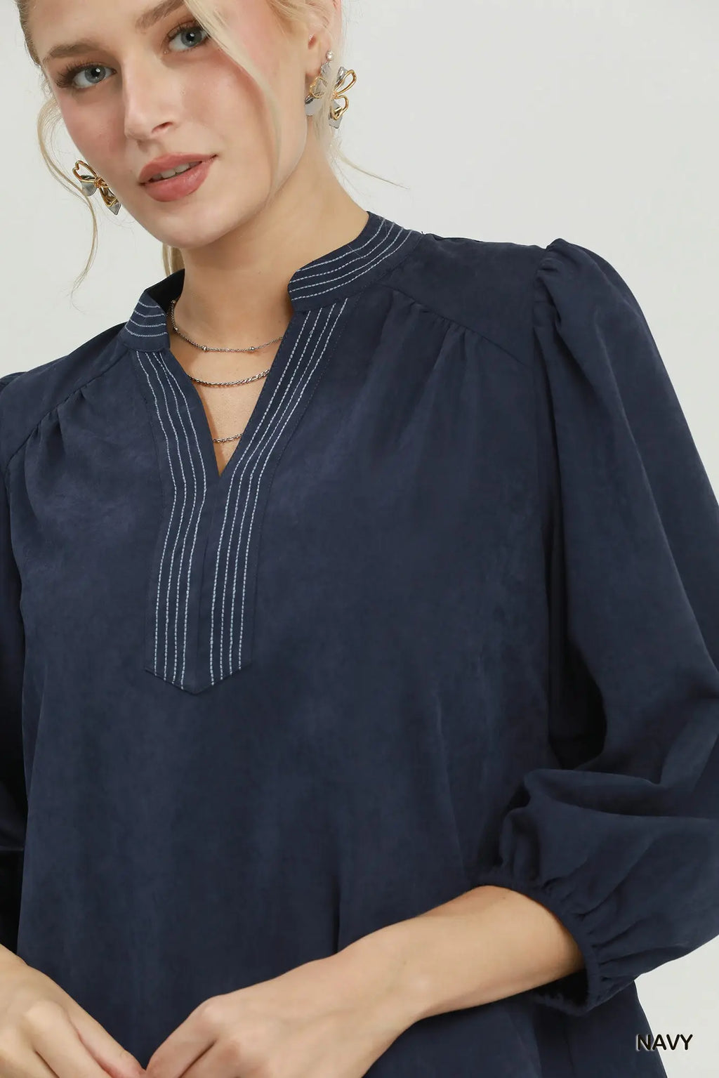 Sueded Split Neck Blouse with Contrast Stitching