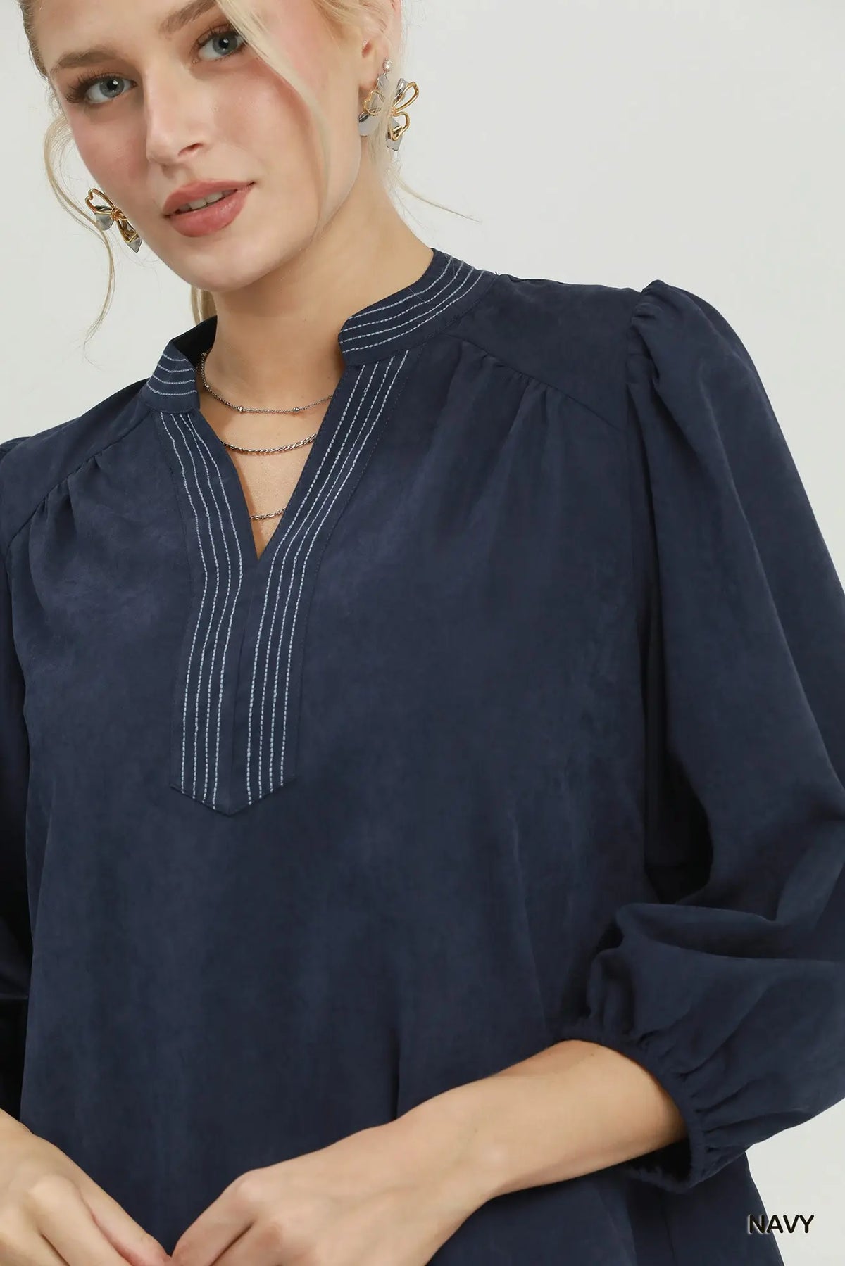 Sueded Split Neck Blouse with Contrast Stitching