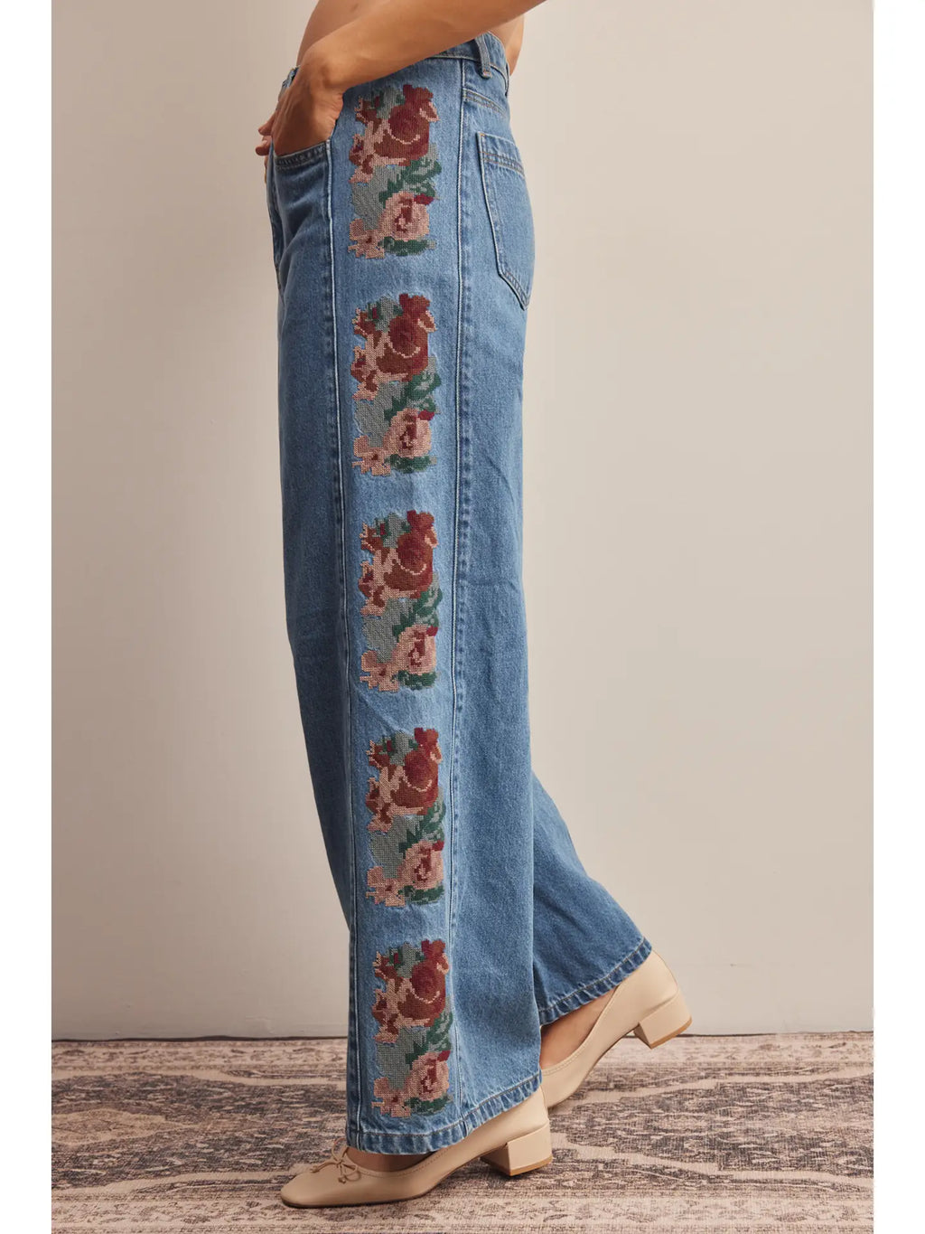 Floral Embroidered Wide Leg Jeans