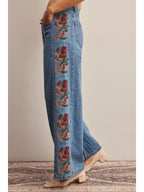 Floral Embroidered Wide Leg Jeans