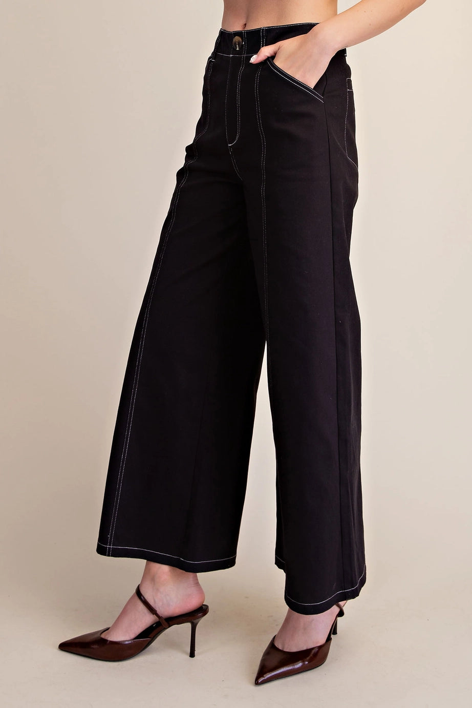 High Rise Stitch Seamed Wide Leg Pants
