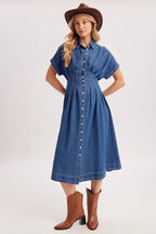 Button Down Pleated Waist Denim Dress