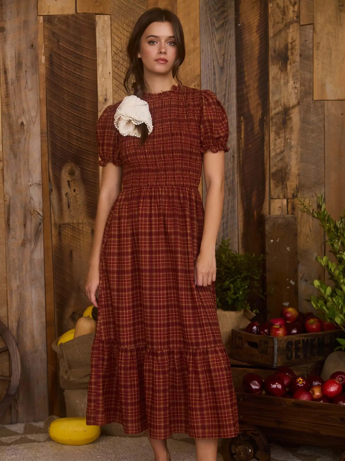 Plaid Short Puff Sleeve Midi Dress