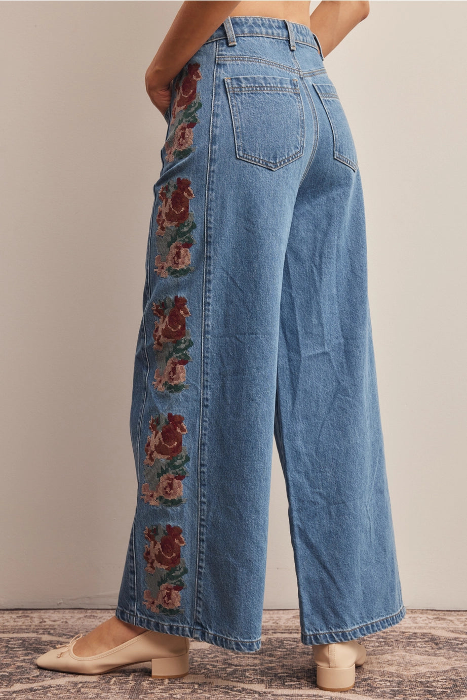 Floral Embroidered Wide Leg Jeans