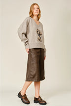 Cozy Dog Graphic V-Neck Sweater Top
