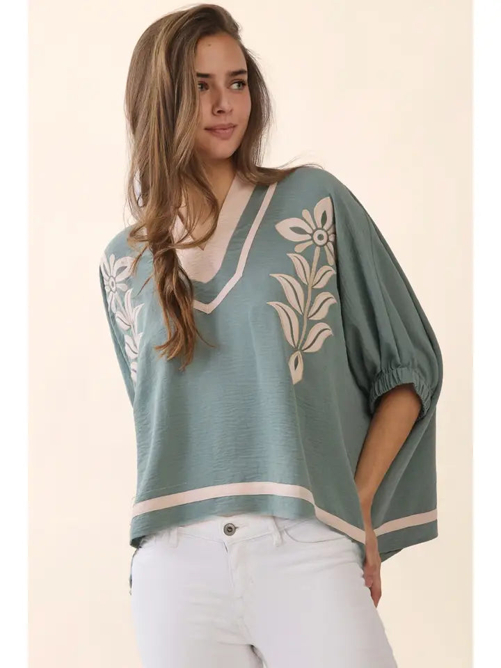 Contrast Floral Embroidered Top