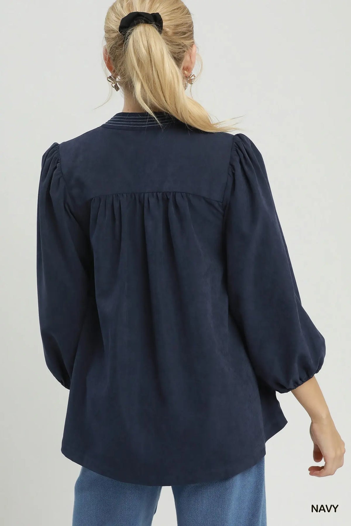 Sueded Split Neck Blouse with Contrast Stitching