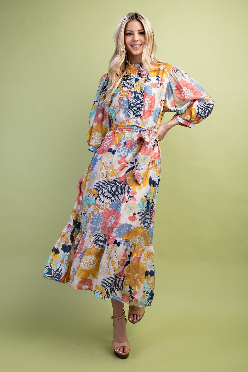 Floral Half Button Midi Dress