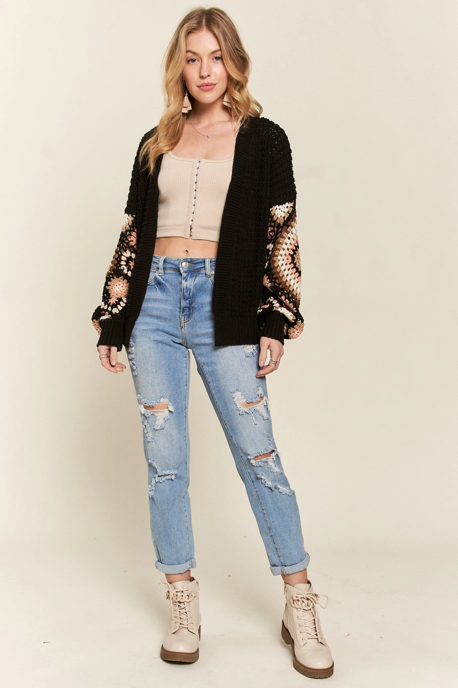 Multi Color Sleeve Crochet Cardigan