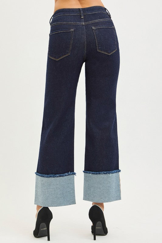 Mid Rise Crop Wide Cuffed Jeans