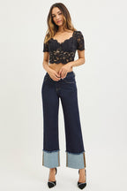 Mid Rise Crop Wide Cuffed Jeans