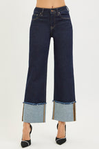 Mid Rise Crop Wide Cuffed Jeans