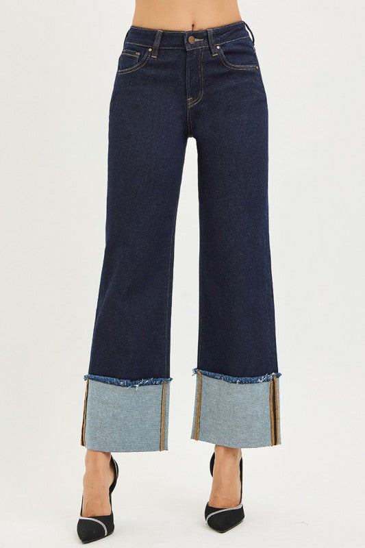 Mid Rise Crop Wide Cuffed Jeans