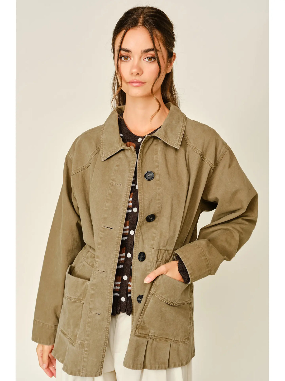 Soft Texture Pleated Hem Military Jacket