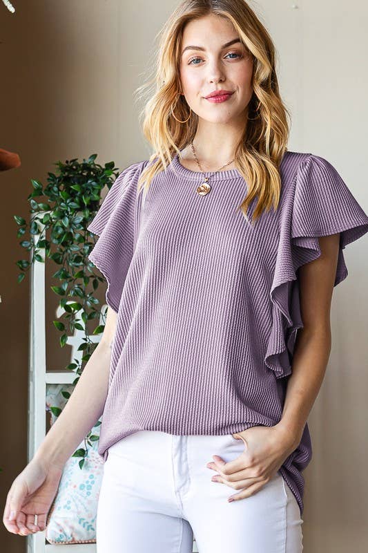 SHORT RUFFLED SLEEVE SOLID URBAN RIBBED TOP