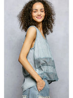 Round Neck Sleeveless Contrast Crochet Woven Blouse Top