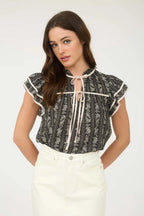 Stripe Floral Tie Front Ruffle Top