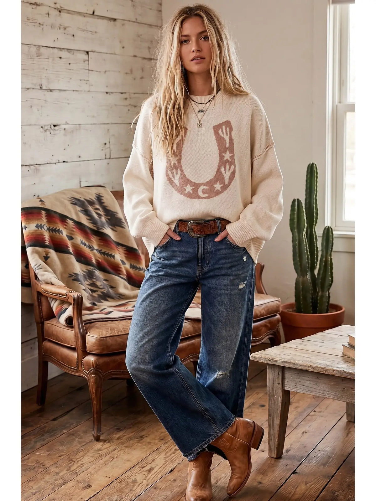 Western Horseshoe Cactus Knit Sweater