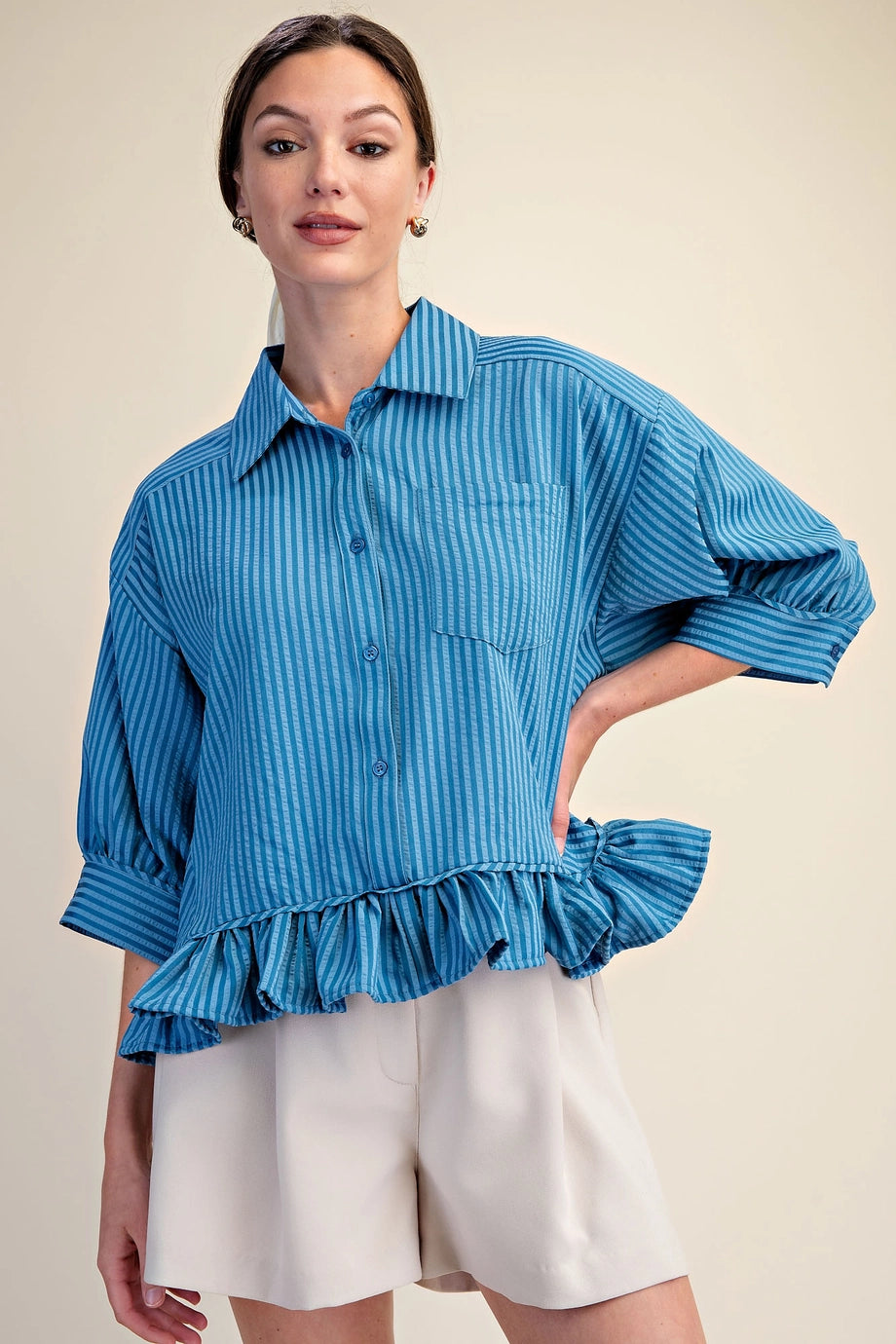 Ruffle Shirt with Collar Neck Button Down