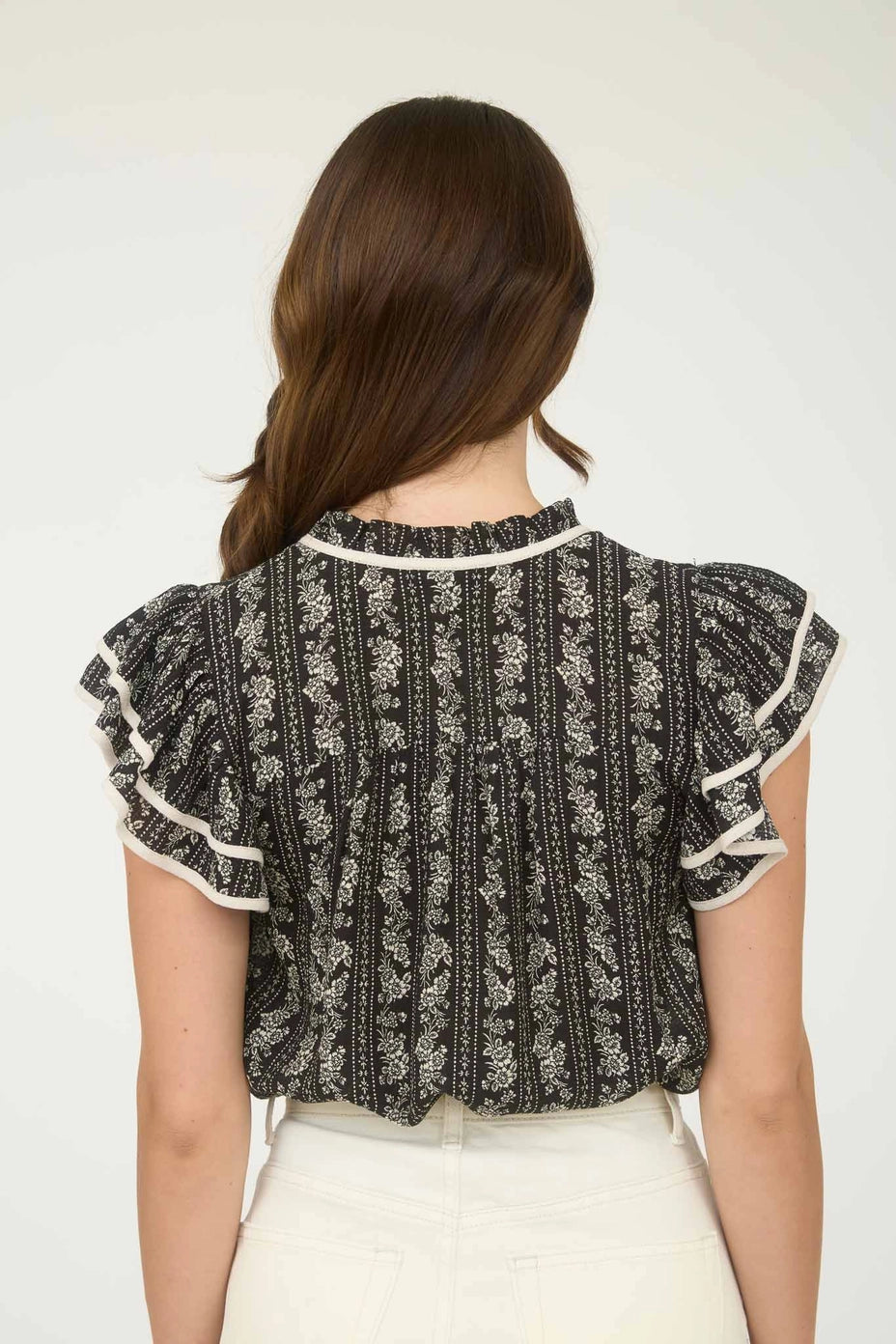 Stripe Floral Tie Front Ruffle Top