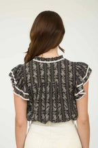 Stripe Floral Tie Front Ruffle Top