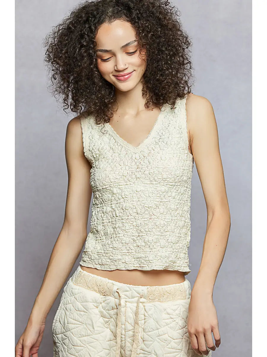 V Neck Sleeveless Lace Trim Neckline Knit Top