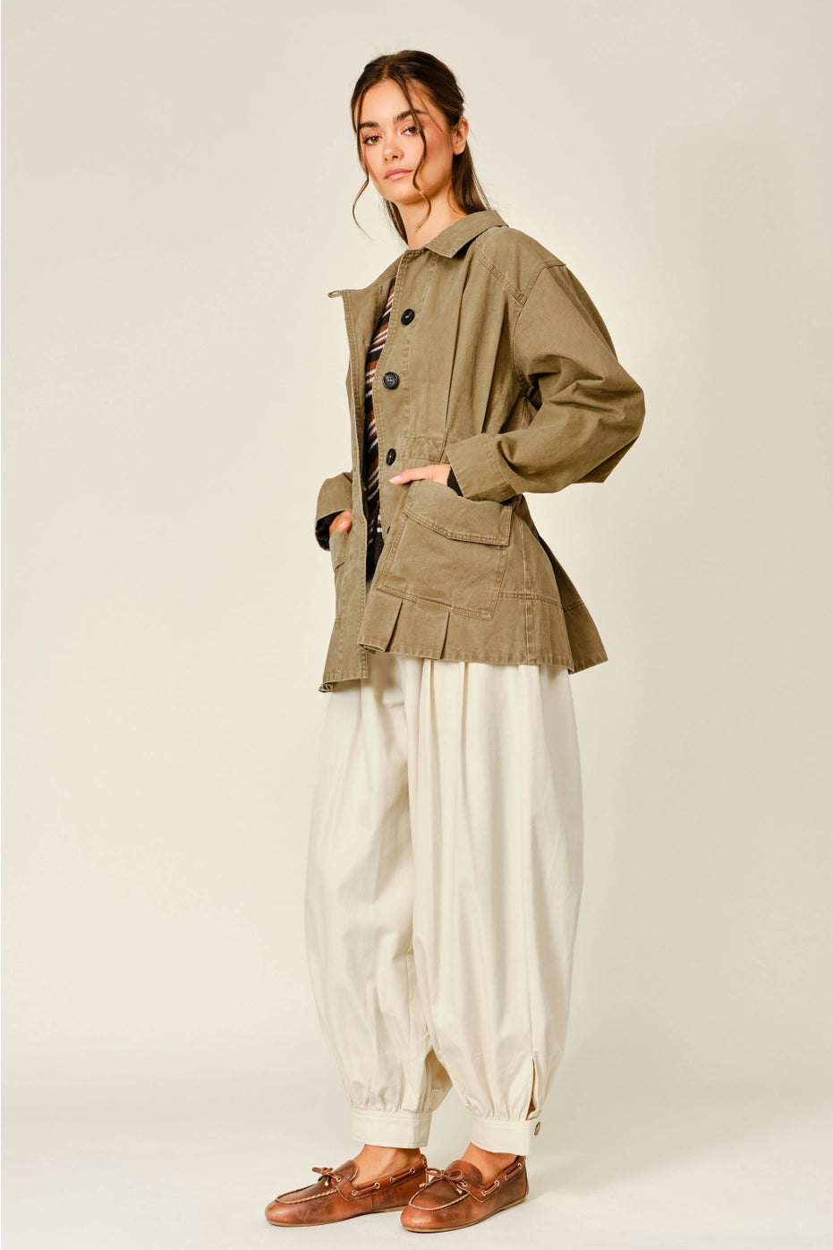 Soft Texture Pleated Hem Military Jacket