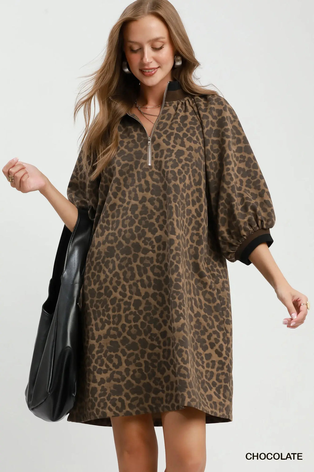 Leopard Print Quarter Zip Puff Sleeve Mini Dress