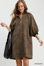 Leopard Print Quarter Zip Puff Sleeve Mini Dress