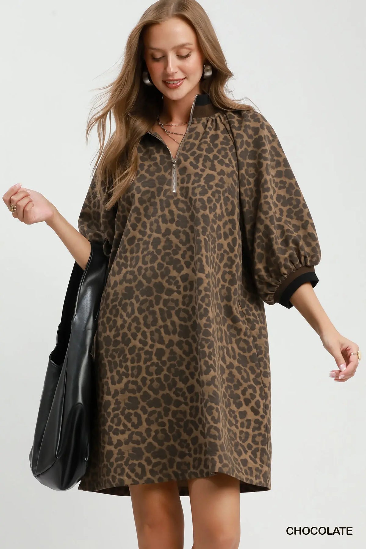 Leopard Print Quarter Zip Puff Sleeve Mini Dress