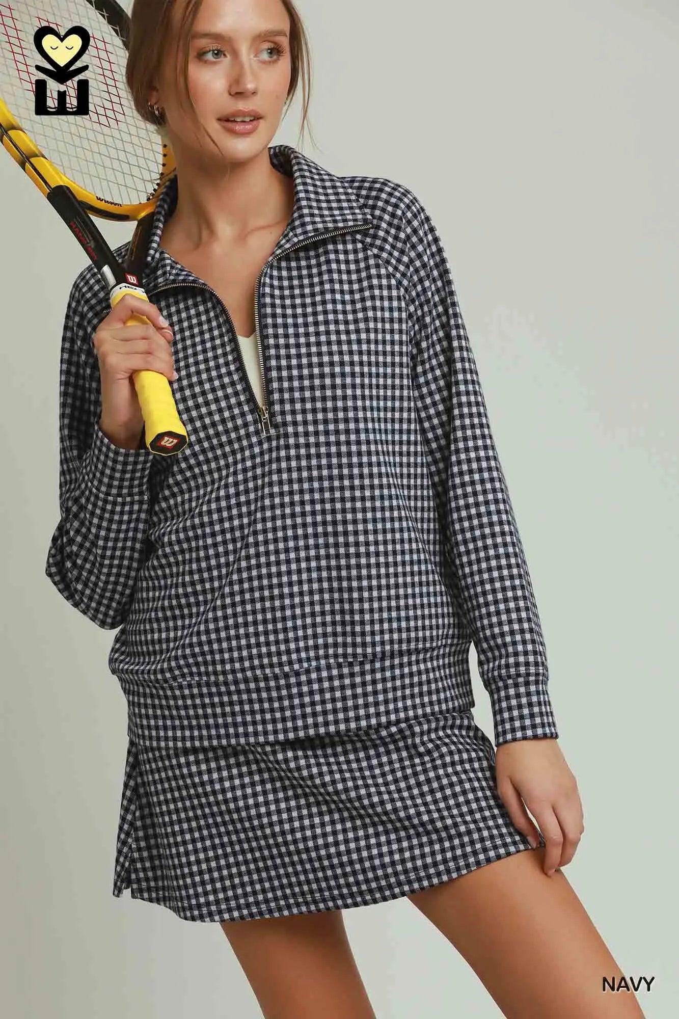 Gingham Half-Zip Long Sleeve Pullover
