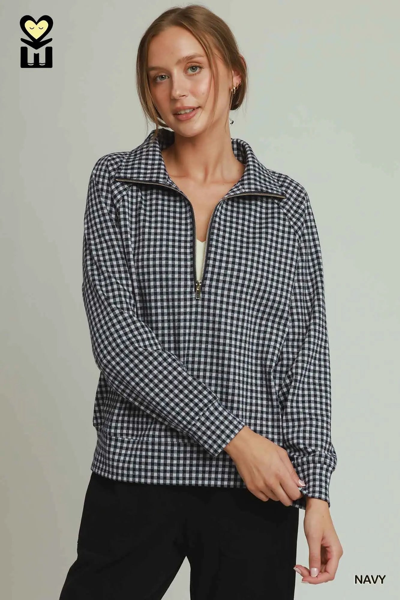 Gingham Half-Zip Long Sleeve Pullover