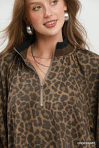 Leopard Print Quarter Zip Puff Sleeve Mini Dress