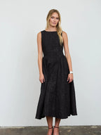 Textured Floral Jacquard Boat Neck Midi Dress