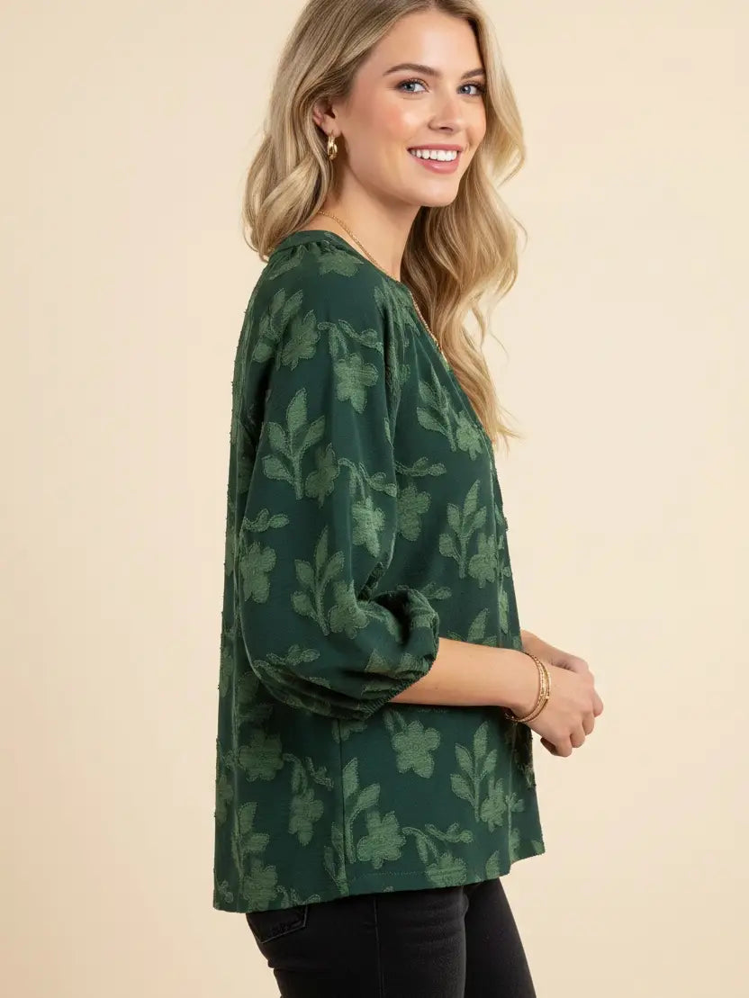 Textured Floral Puff Sleeve Split Neck Blouse