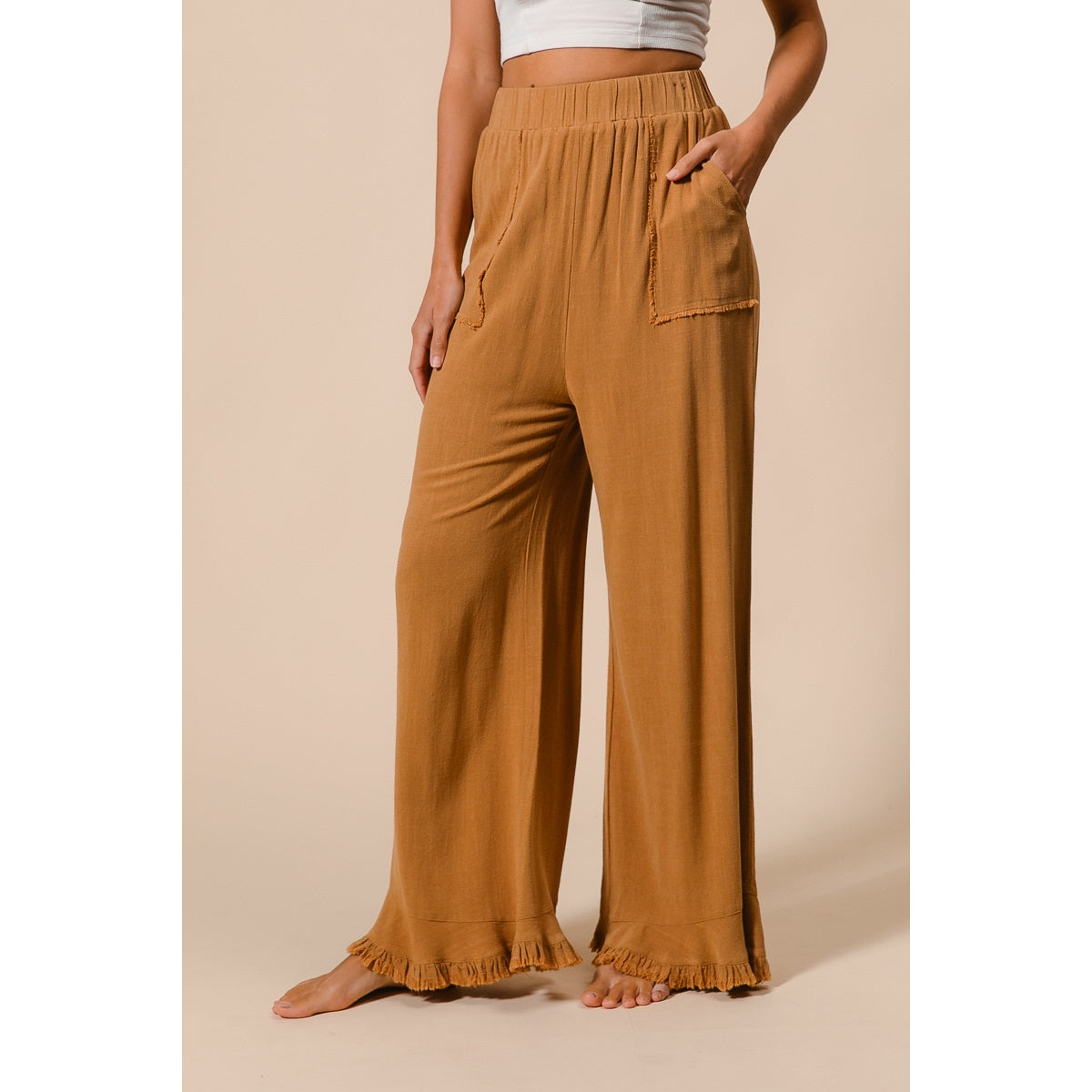Washed Frayed Pants with Side Pocket