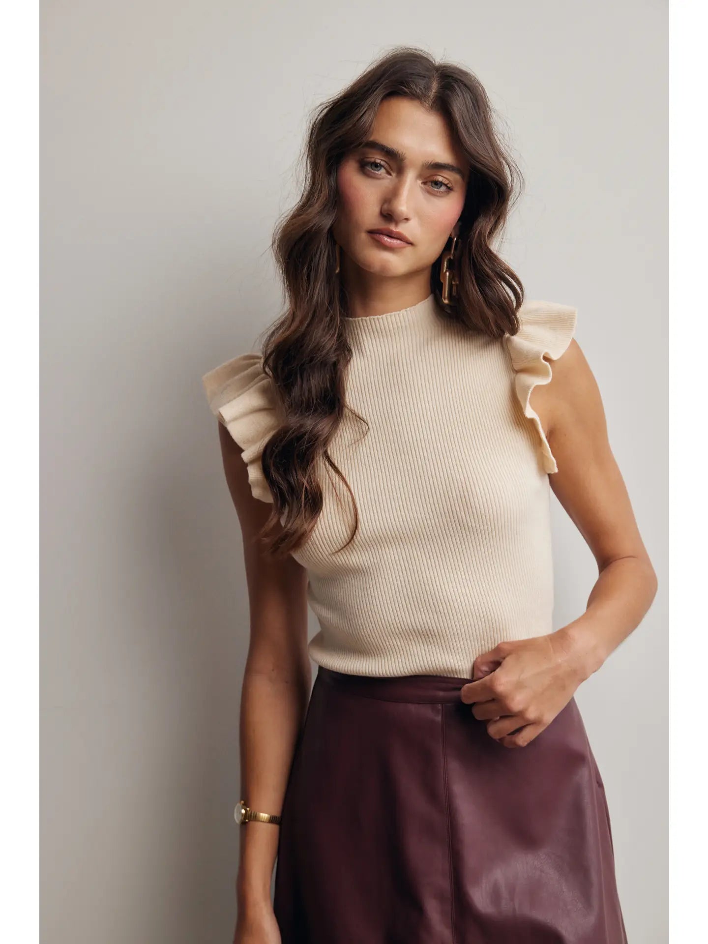 Ruffle Sleeve Rib Knit Top