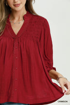 Smocked Yoke Button Front Blouse