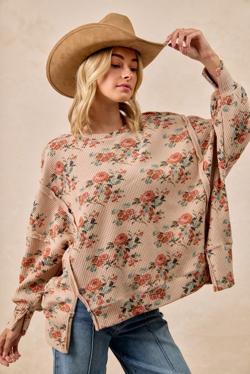 Floral Print Oversized Waffle Thermal Sweatshirt