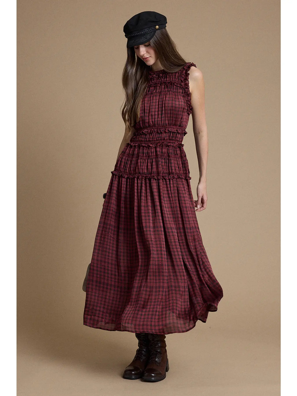 Plaid Ruffle Trim Smocked Maxi Dress