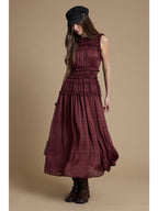 Plaid Ruffle Trim Smocked Maxi Dress