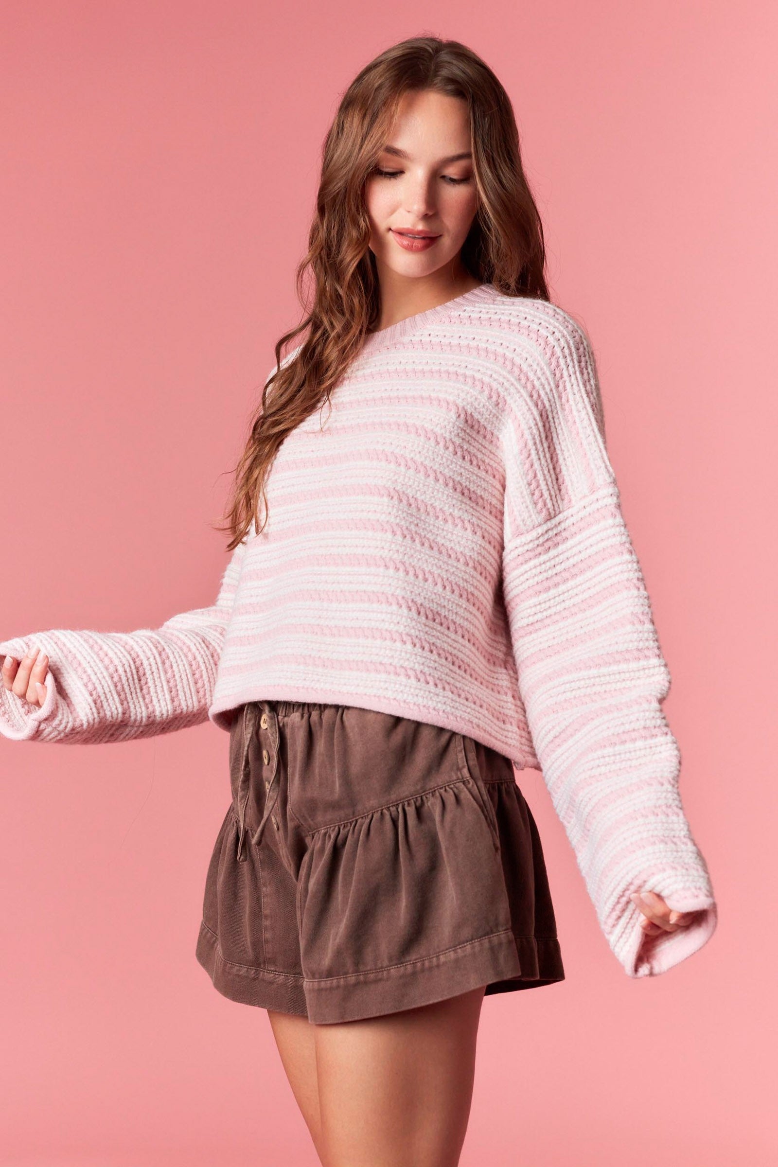 Crew Neck Stripe Cropped Sweater