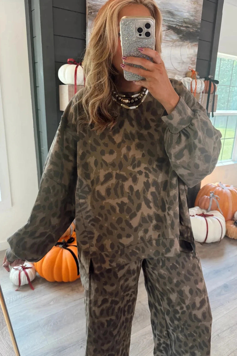 Brown Leopard Print Pullover Drawstring Set