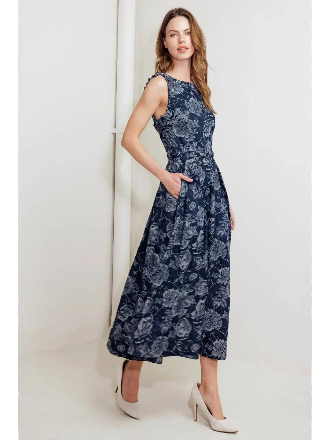 Jacquard Woven Denim Midi Dress